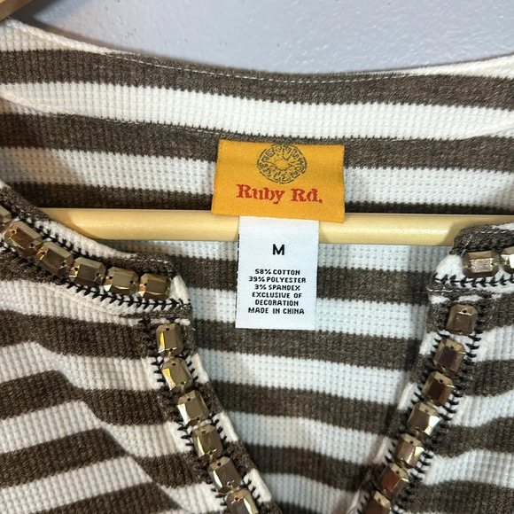 Ruby Rd Embellished Split Neck Striped Blouse Women’s Size Medium - Picture 4 of 7